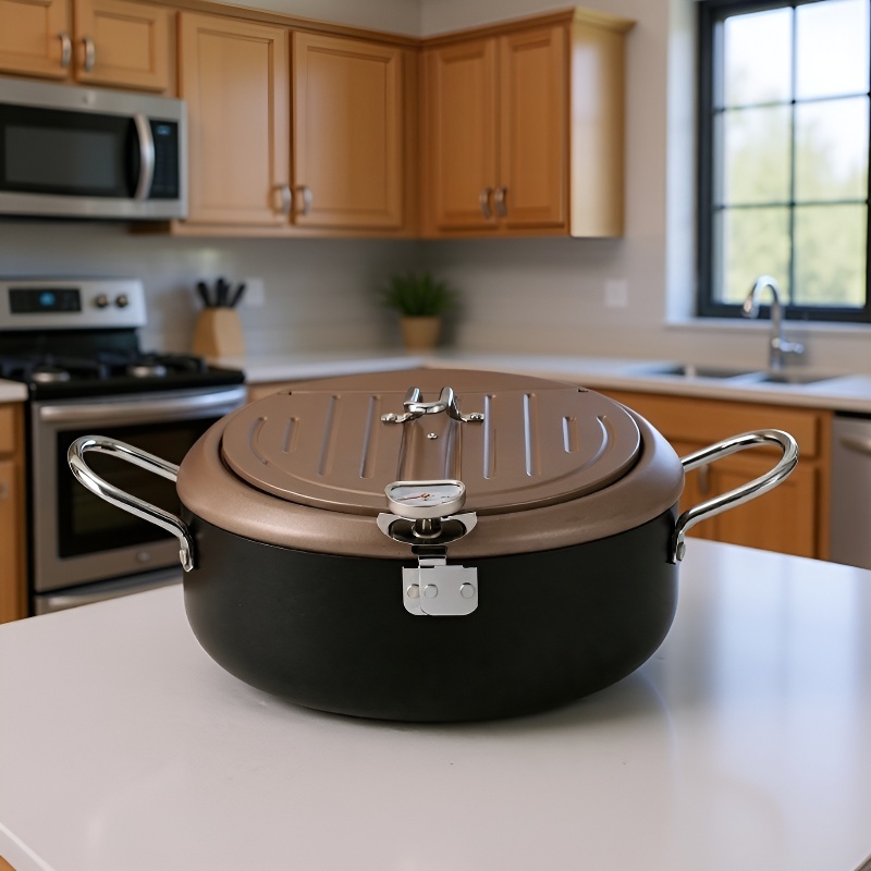 Japanese deep fryer iron temperature control with thermometer save tempura deep fryer flip cover