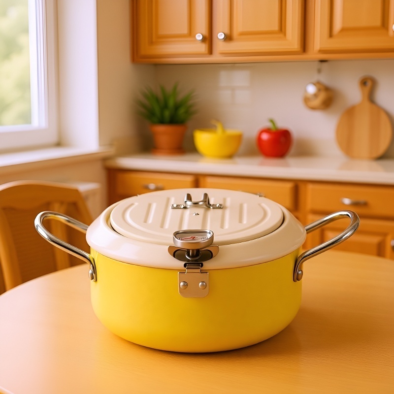 Japanese deep fryer iron temperature control with thermometer save tempura deep fryer flip cover