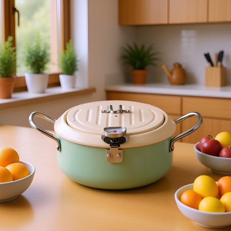 Japanese deep fryer iron temperature control with thermometer save tempura deep fryer flip cover