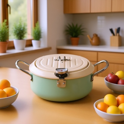 Japanese deep fryer iron temperature control with thermometer save tempura deep fryer flip cover