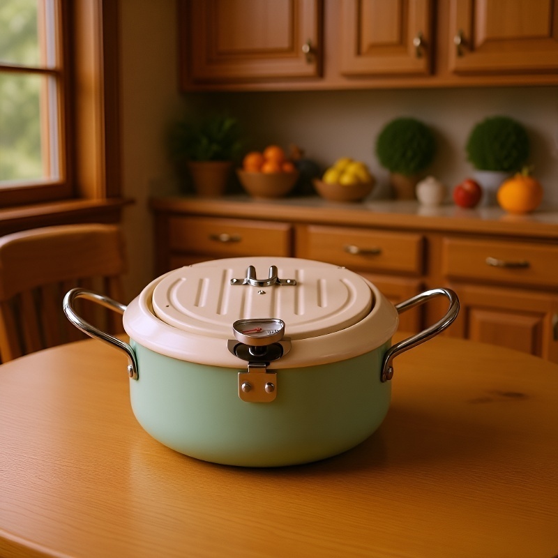 Japanese deep fryer iron temperature control with thermometer save tempura deep fryer flip cover