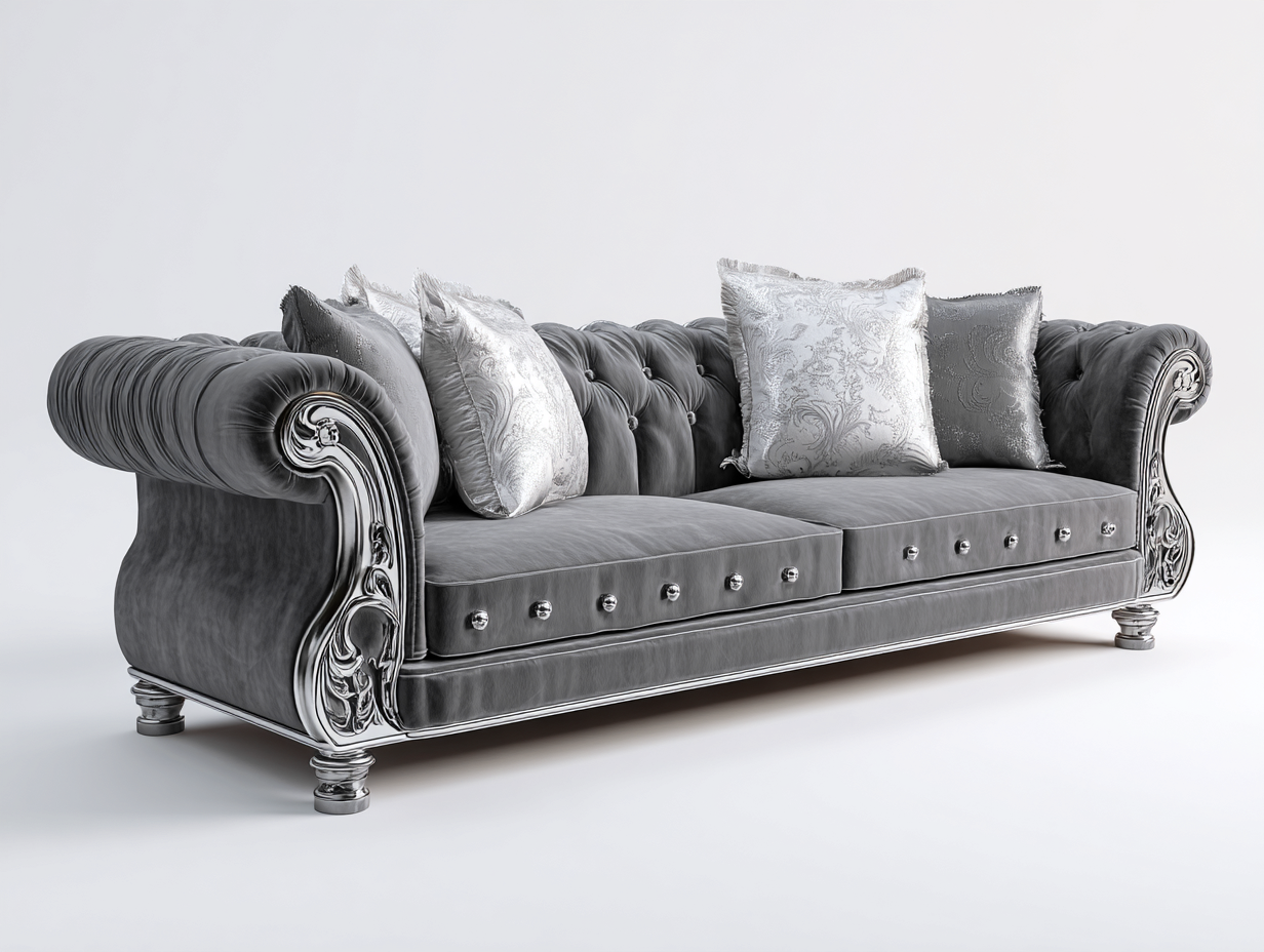 Sofá de tres plazas tapizado en terciopelo 240x95x78 cm - gris - para salón - estilo clásico capitoné