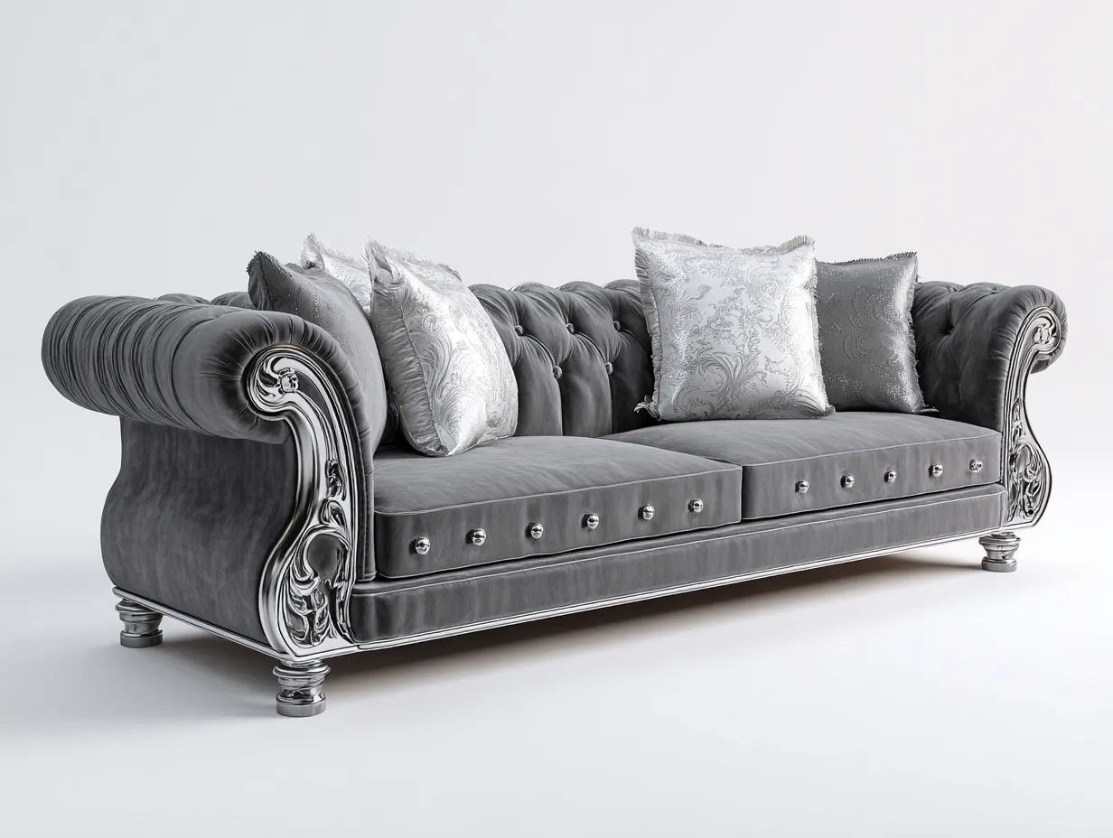 Sofá de tres plazas tapizado en terciopelo 240x95x78 cm - gris - para salón - estilo clásico capitoné