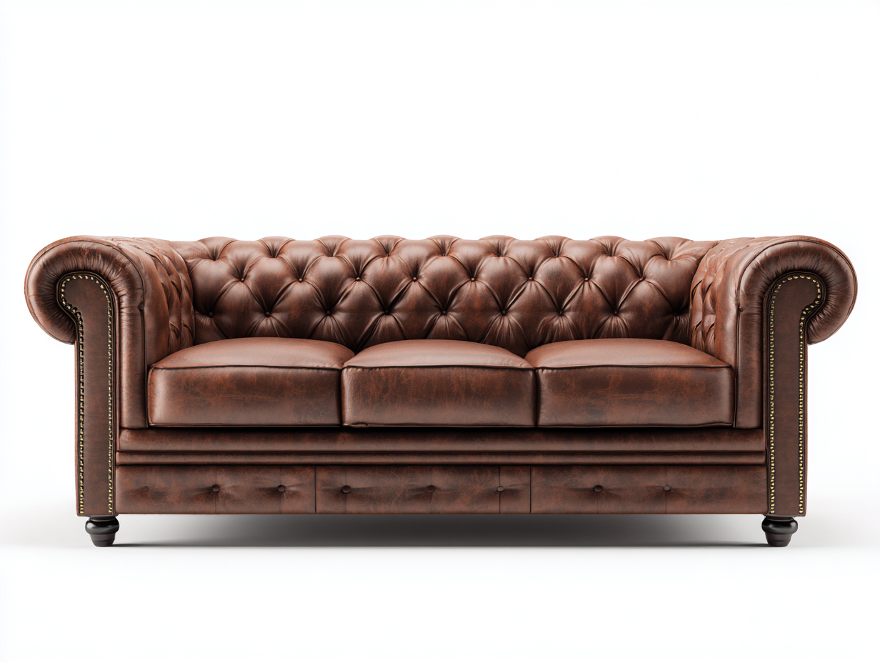 Sofá de tres plazas de piel 225x95x80 cm - marrón - para salón - estilo clásico capitoné