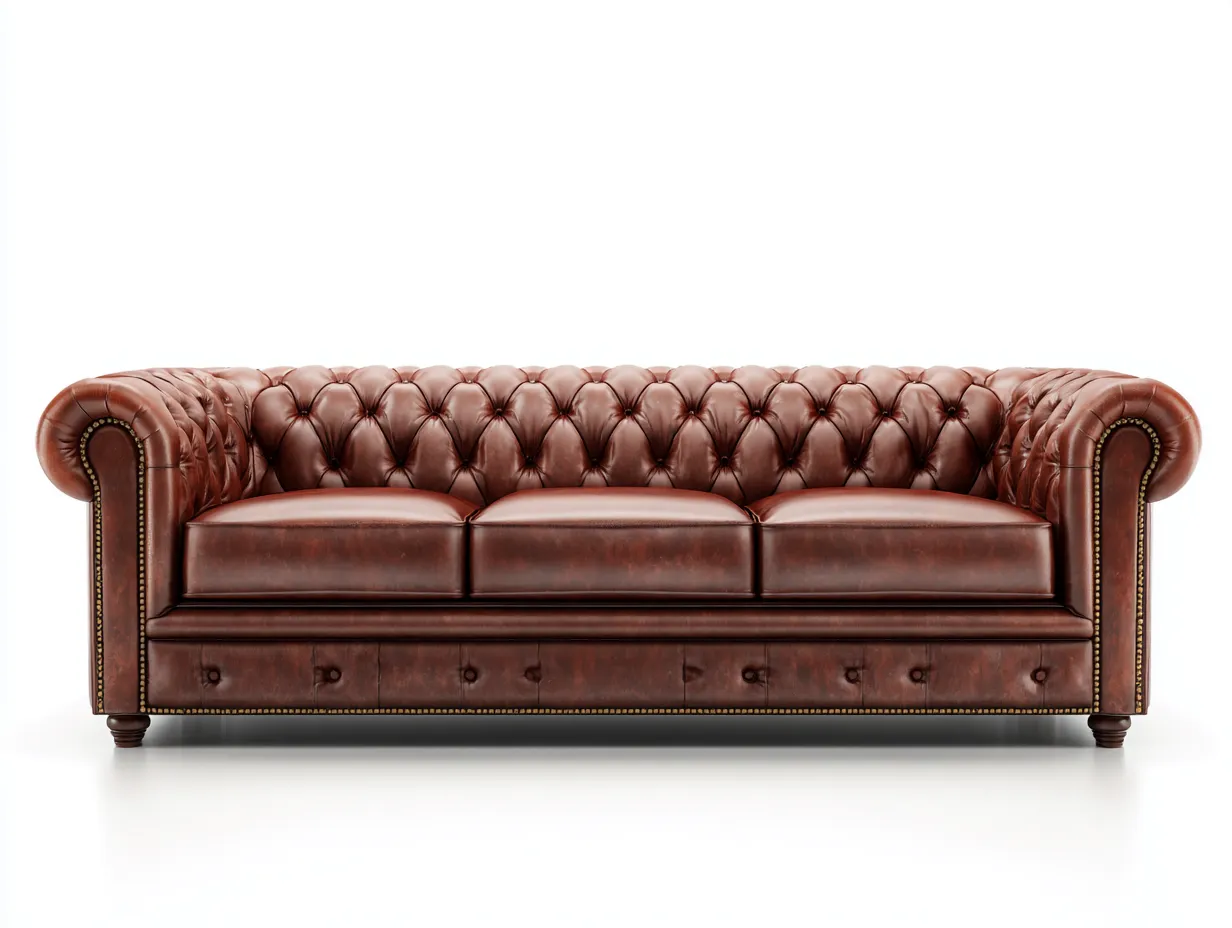 Sofá de tres plazas tapizado en piel 230x95x75 cm - marrón - para salón - estilo clásico capitoné