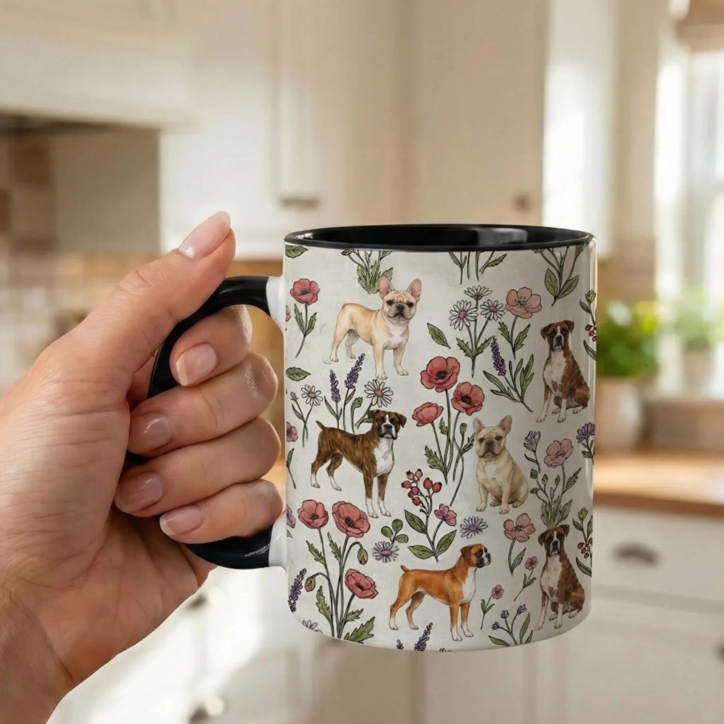 Handcrafted Frenchie & Boxer Floral Artisan Coffee Mug