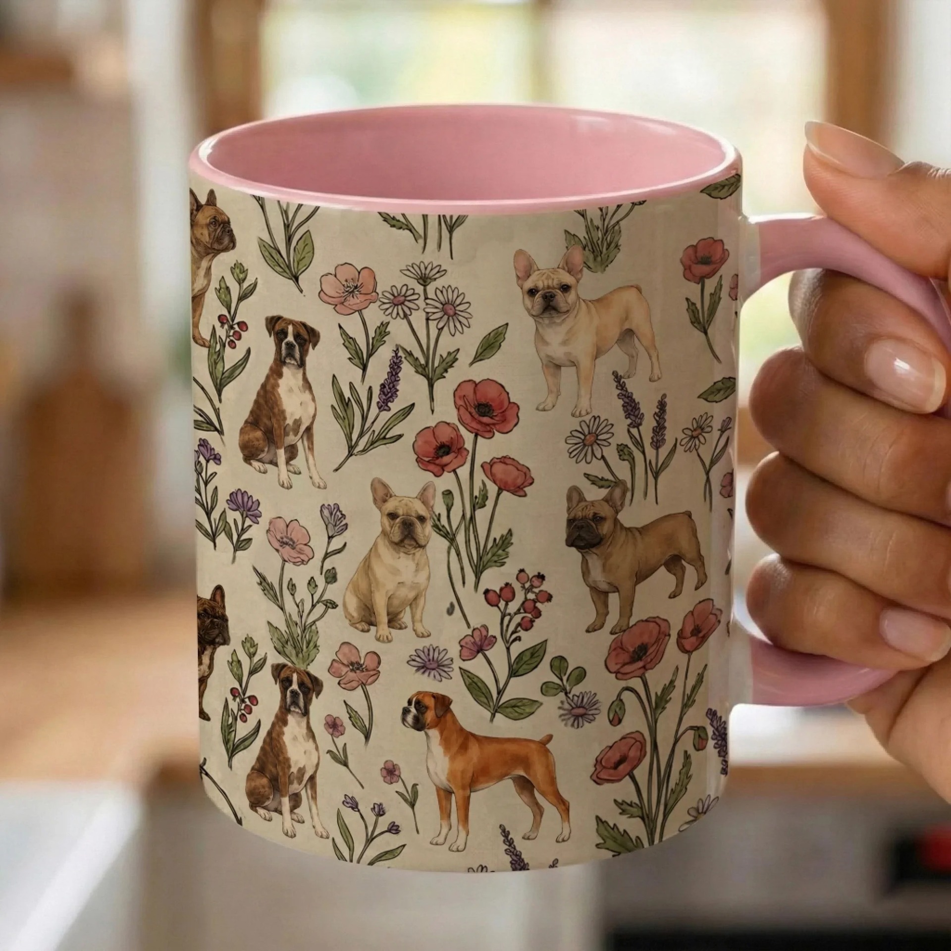 Handcrafted Frenchie & Boxer Floral Artisan Coffee Mug