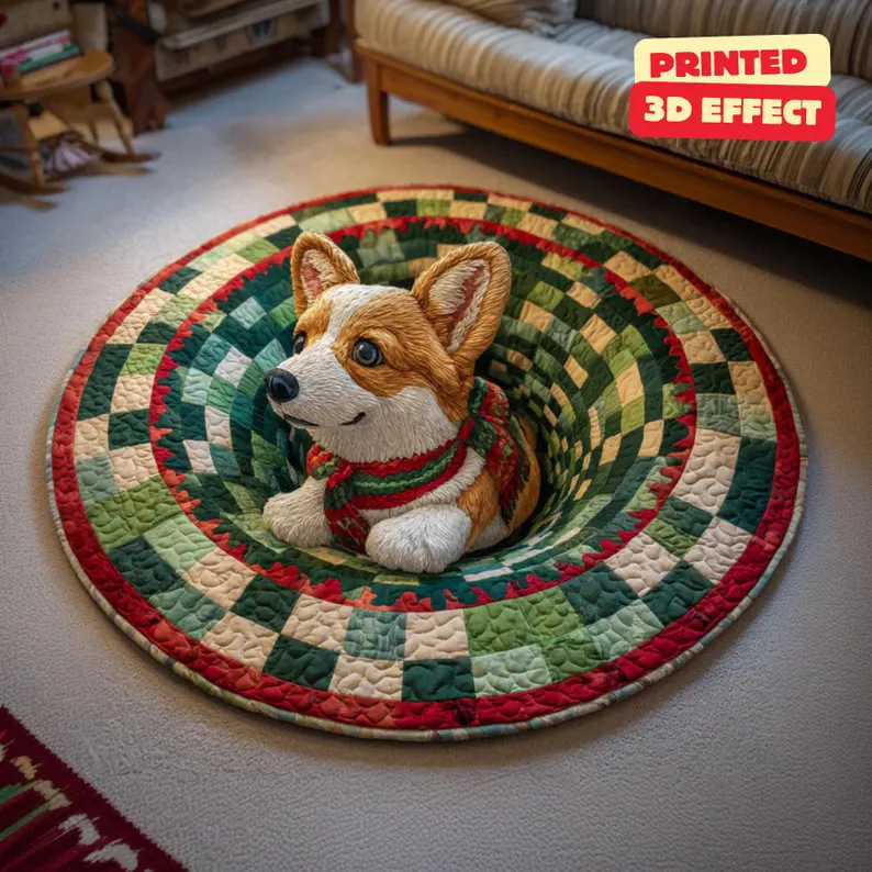 🧵 Handcrafted 3D Corgi Printed Round Mat — Soft & Cozy 🐶