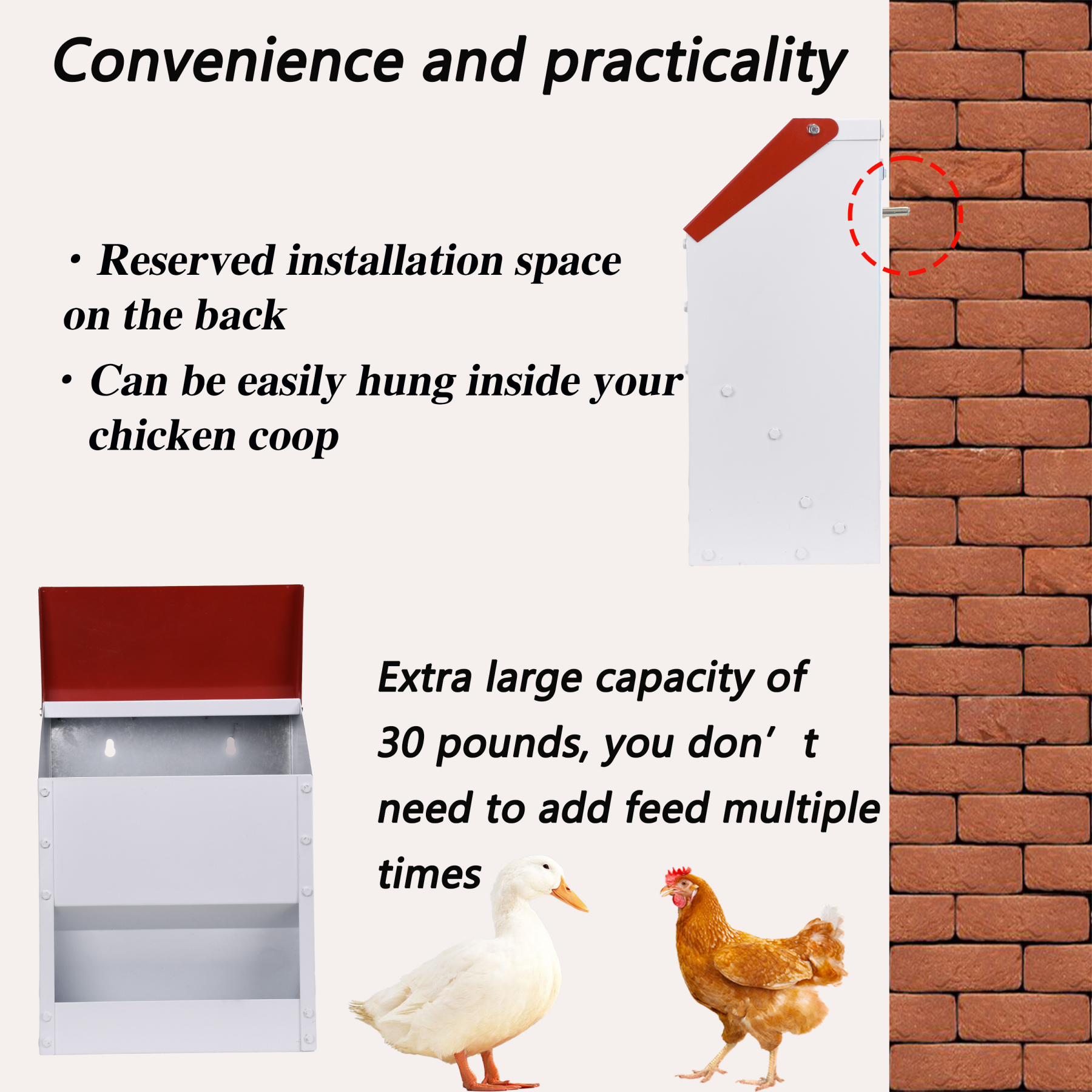 Automatic Metal Chicken Feeder Wall Mounted Galvanized Poultry Feeder with Cover Outdoor Wall Mounted Chicken Food Dispenser Gravity Feeding Chicken Feeder Weatherproof Waste-Free Quail Duck Feeder