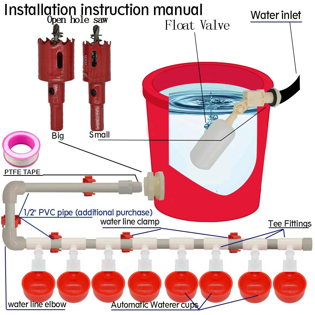 Automatic Chicken Waterer] Complete Set Automatic Chicken Nipple Waterer | Pipeline Cups And 1/2" PVC Tee Fittings Pipe Feeder Poultry Waterer Chicken Water Cup Chicken Waters Chicken Watering System