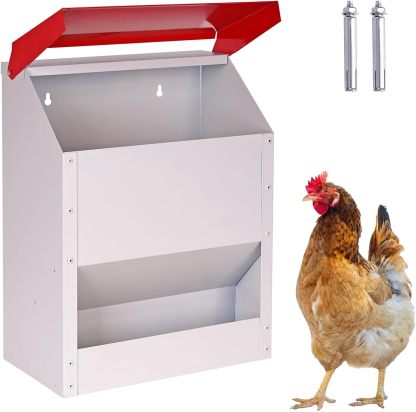 Automatic Metal Chicken Feeder Wall Mounted Galvanized Poultry Feeder with Cover Outdoor Wall Mounted Chicken Food Dispenser Gravity Feeding Chicken Feeder Weatherproof Waste-Free Quail Duck Feeder