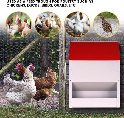 Automatic Metal Chicken Feeder Wall Mounted Galvanized Poultry Feeder with Cover Outdoor Wall Mounted Chicken Food Dispenser Gravity Feeding Chicken Feeder Weatherproof Waste-Free Quail Duck Feeder