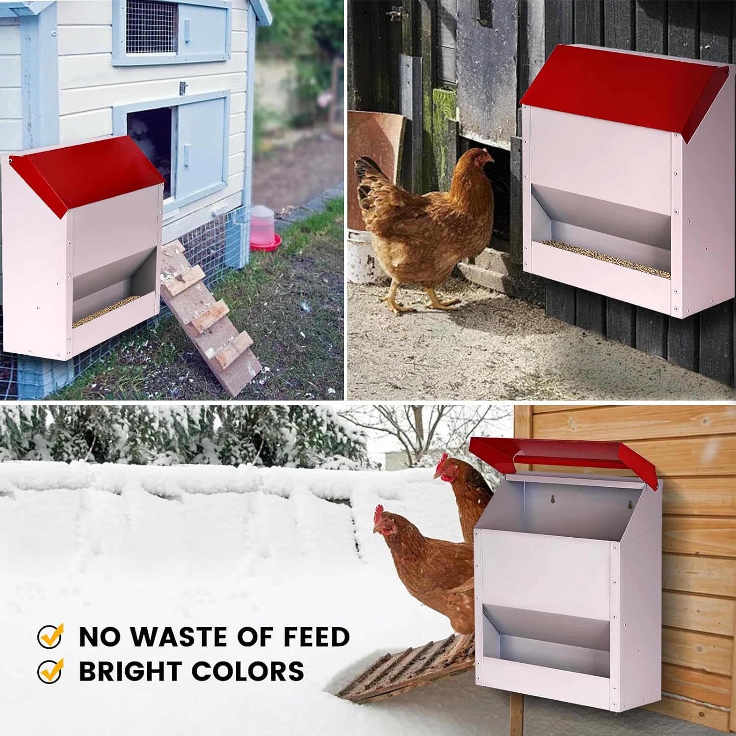 Automatic Metal Chicken Feeder Wall Mounted Galvanized Poultry Feeder with Cover Outdoor Wall Mounted Chicken Food Dispenser Gravity Feeding Chicken Feeder Weatherproof Waste-Free Quail Duck Feeder