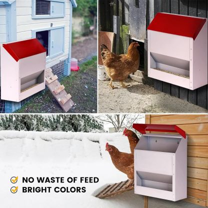 Automatic Metal Chicken Feeder Wall Mounted Galvanized Poultry Feeder with Cover Outdoor Wall Mounted Chicken Food Dispenser Gravity Feeding Chicken Feeder Weatherproof Waste-Free Quail Duck Feeder