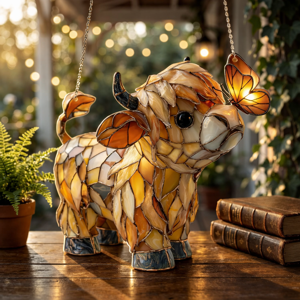 🦋 New & Limited | Handcrafted Highland Cow Suncatcher with Butterfly – Artisan Window Decor