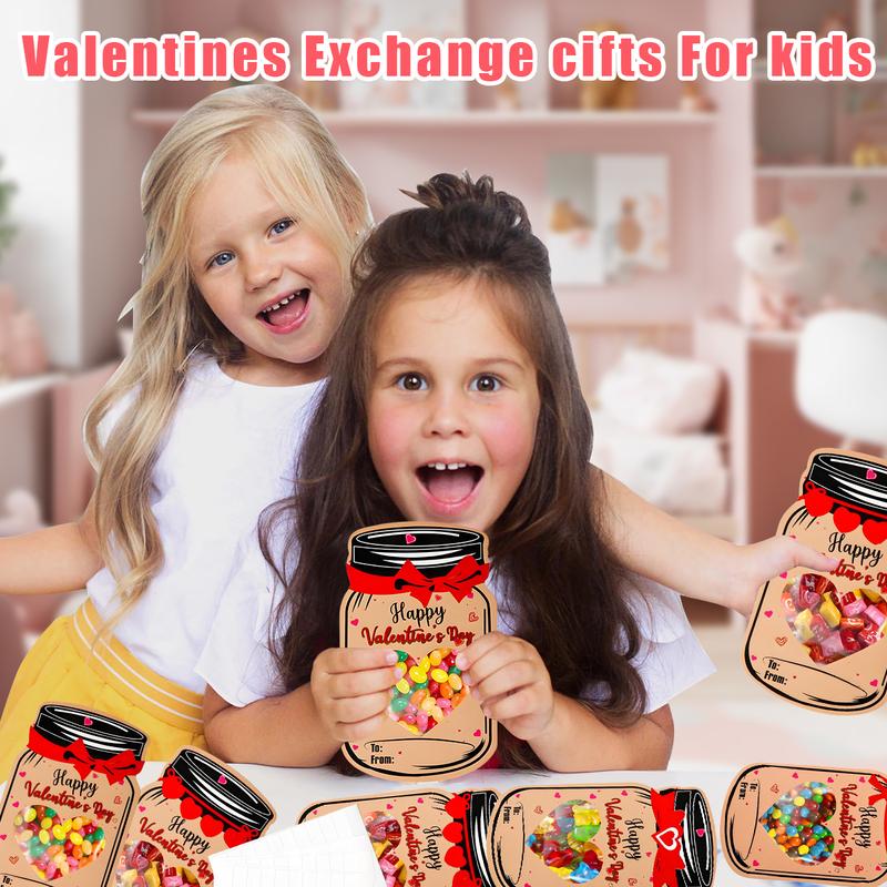 Valentine’s Day Mason Jar Cards for Kids — 50‐Pack with Gift Bags