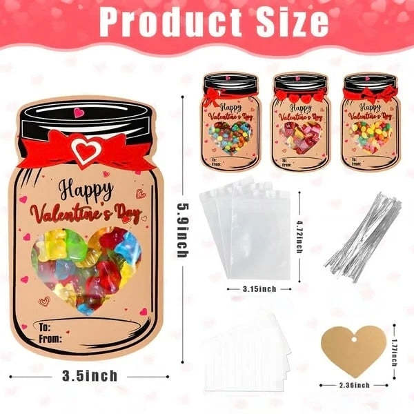 Valentine’s Day Mason Jar Cards for Kids — 50‐Pack with Gift Bags