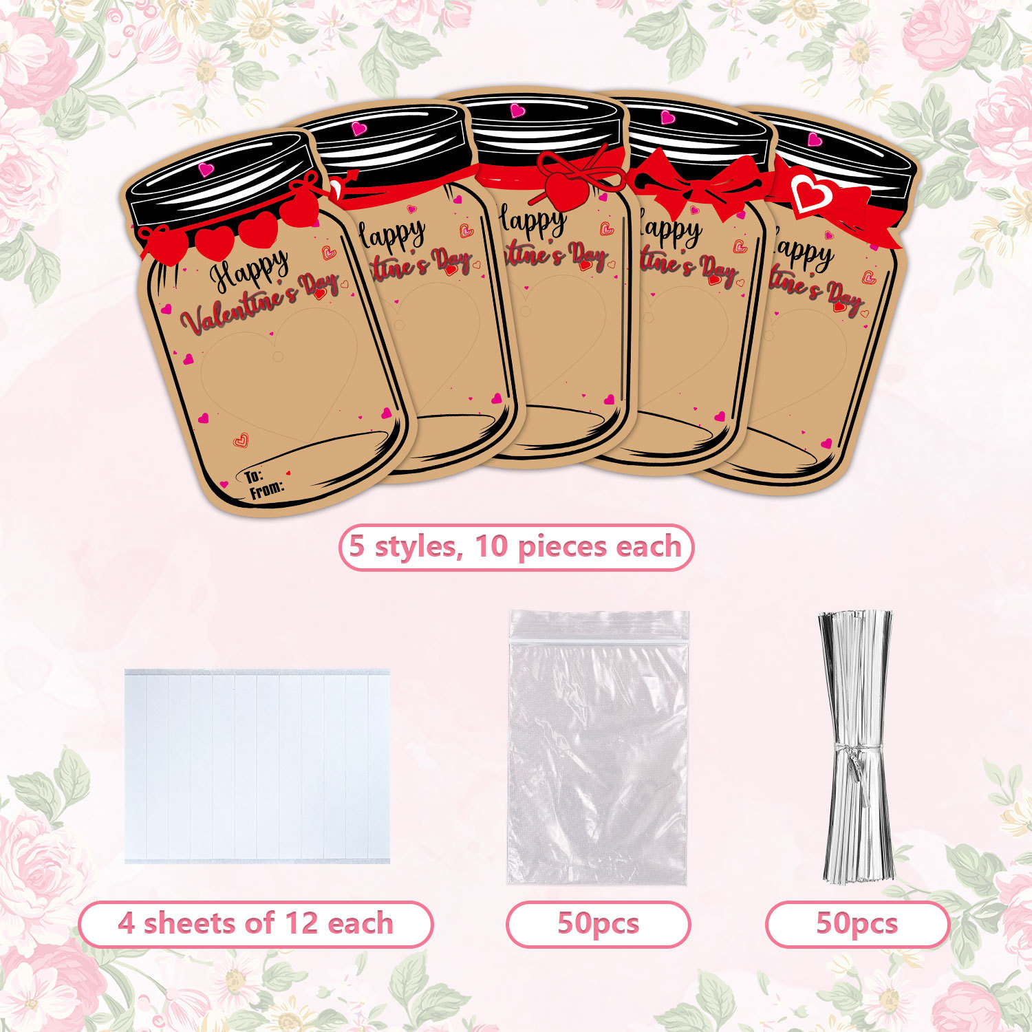 Valentine’s Day Mason Jar Cards for Kids — 50‐Pack with Gift Bags