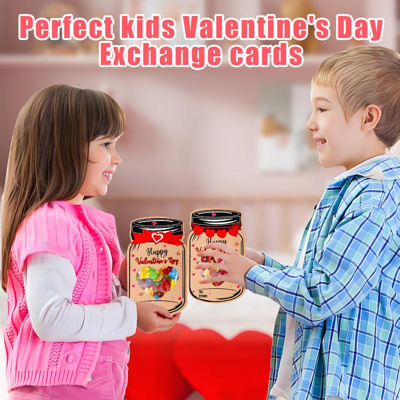 Valentine’s Day Mason Jar Cards for Kids — 50‐Pack with Gift Bags