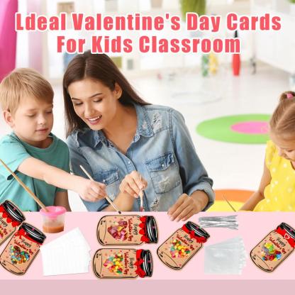 Valentine’s Day Mason Jar Cards for Kids — 50‐Pack with Gift Bags