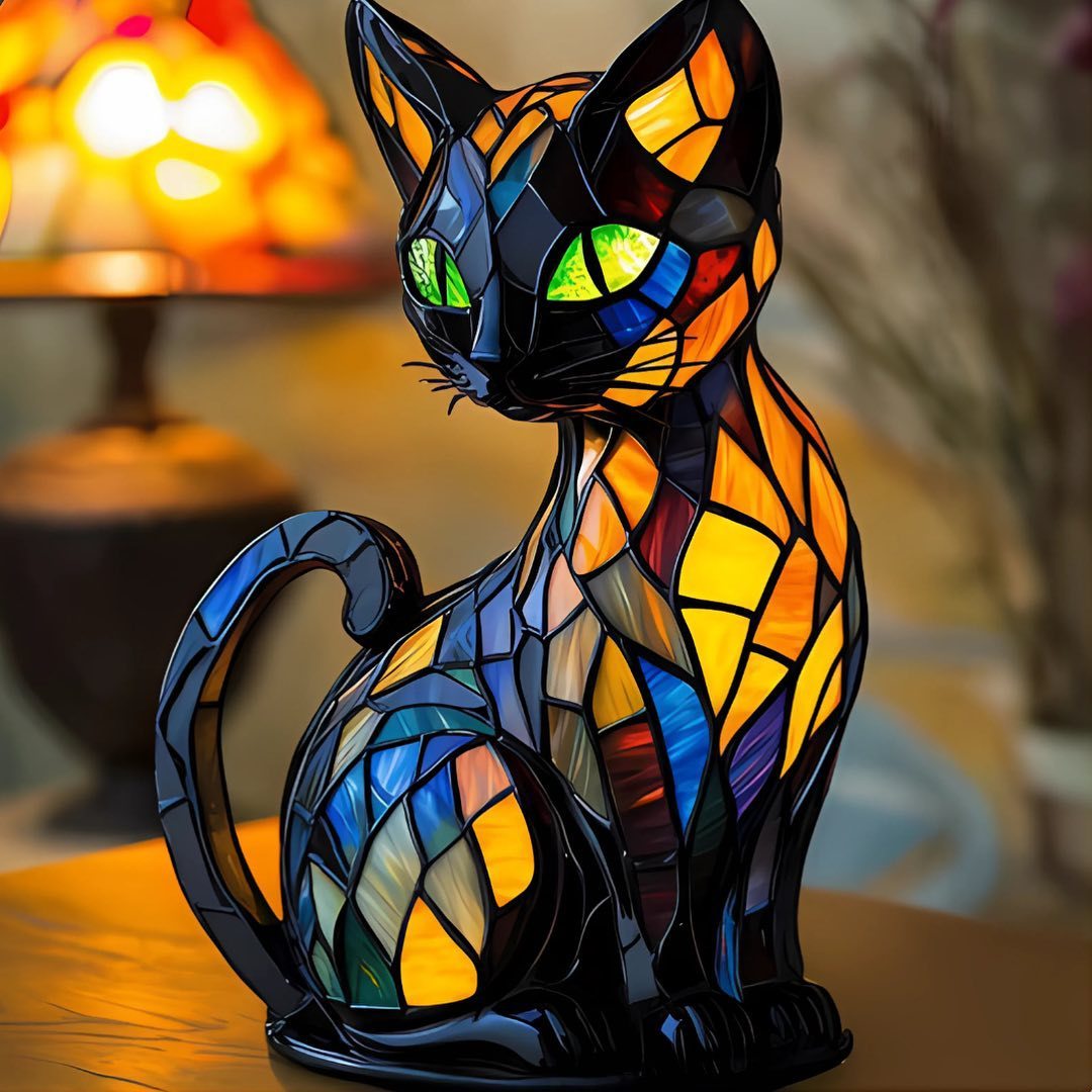 🐱 Stained-Glass Cat Ambient Lamp – Artistic Light with a Feline Soul