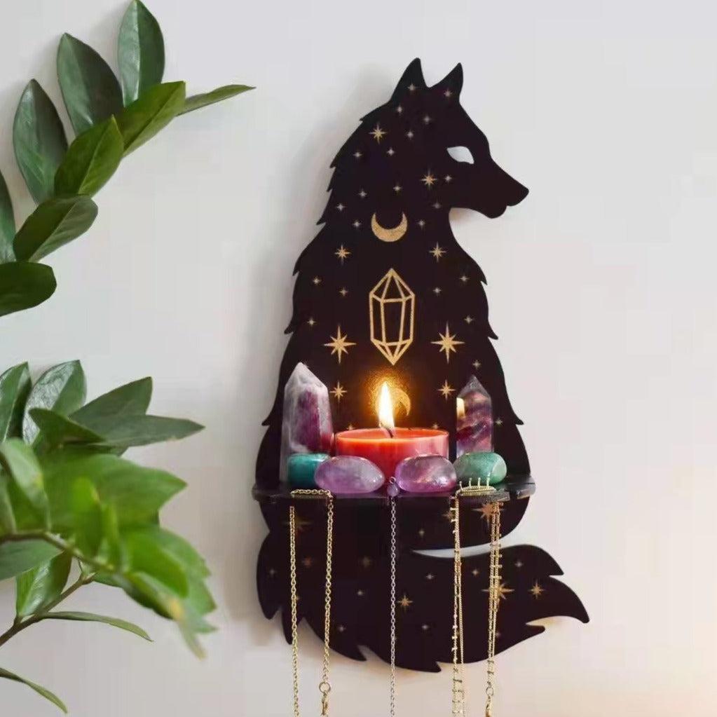 Sun Moon Luna Wolf Cat Witch Crystal Shelves Wooden Witch Wall Shelf