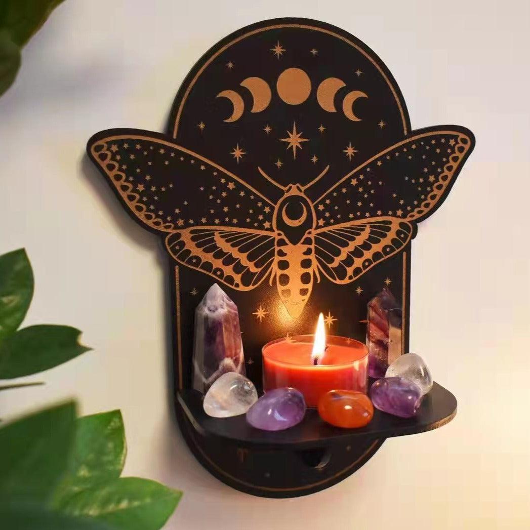 Sun Moon Luna Wolf Cat Witch Crystal Shelves Wooden Witch Wall Shelf
