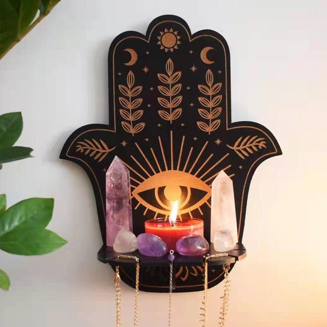 Sun Moon Luna Wolf Cat Witch Crystal Shelves Wooden Witch Wall Shelf