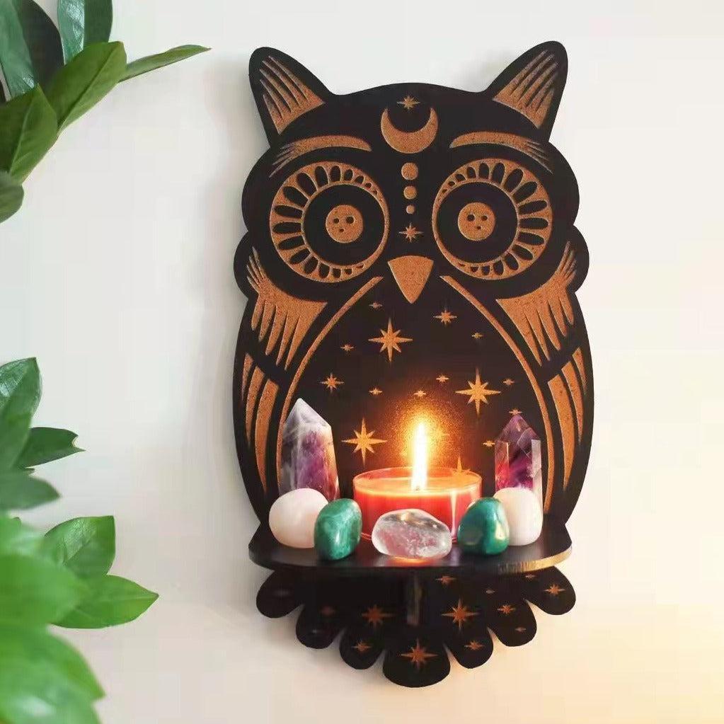 Sun Moon Luna Wolf Cat Witch Crystal Shelves Wooden Witch Wall Shelf