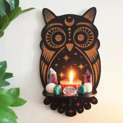 Sun Moon Luna Wolf Cat Witch Crystal Shelves Wooden Witch Wall Shelf