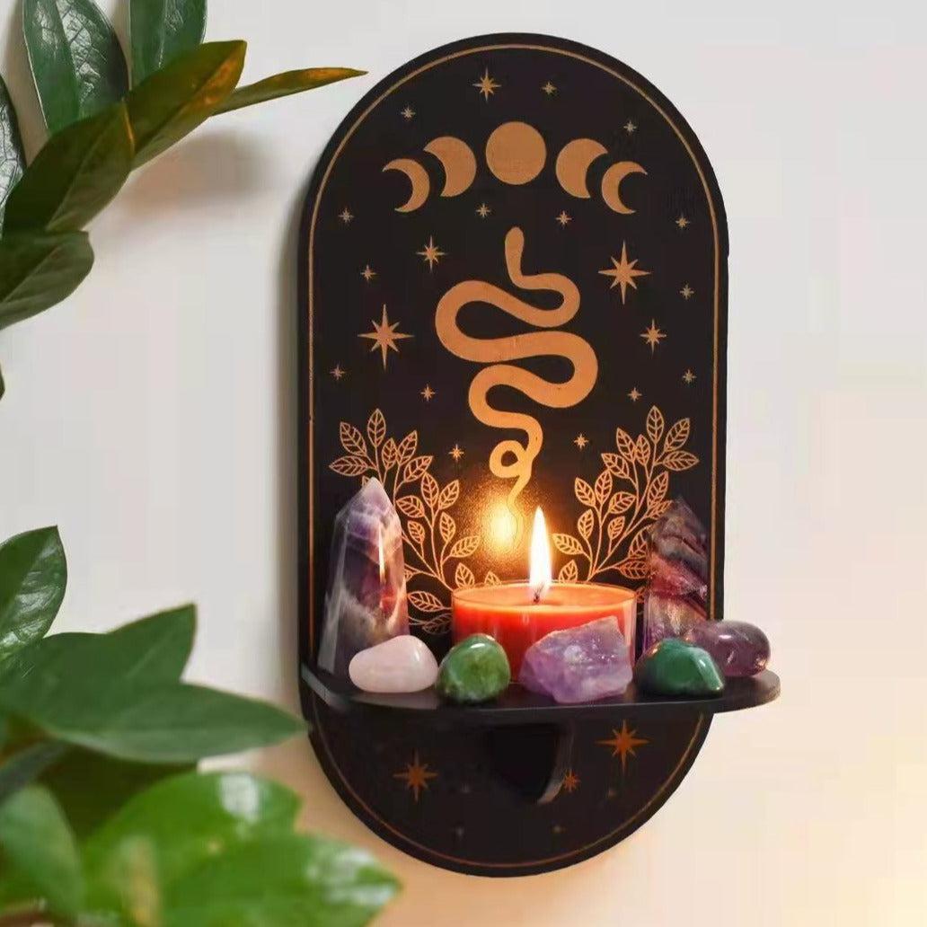 Sun Moon Luna Wolf Cat Witch Crystal Shelves Wooden Witch Wall Shelf