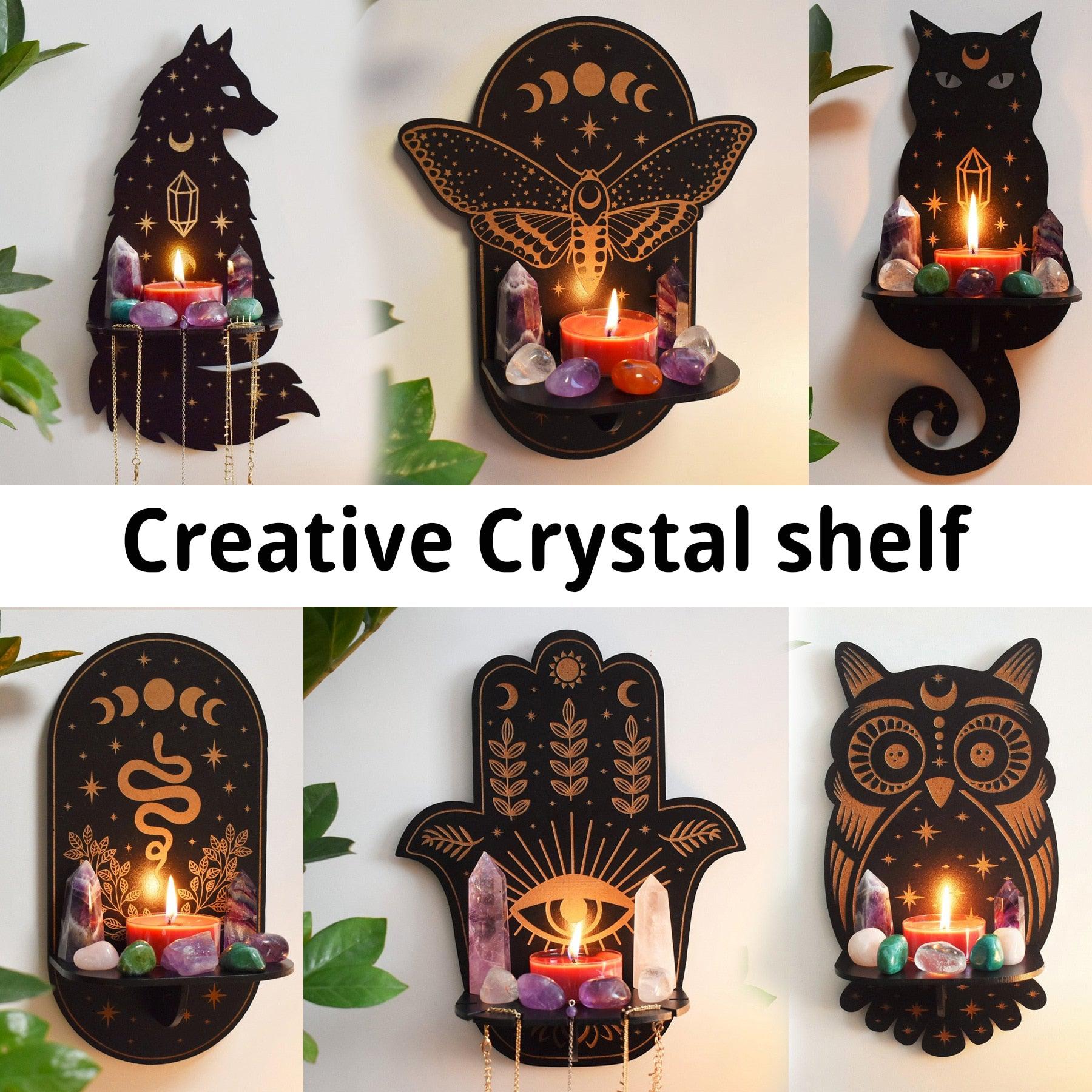 Sun Moon Luna Wolf Cat Witch Crystal Shelves Wooden Witch Wall Shelf