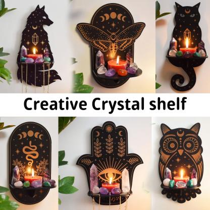 Sun Moon Luna Wolf Cat Witch Crystal Shelves Wooden Witch Wall Shelf