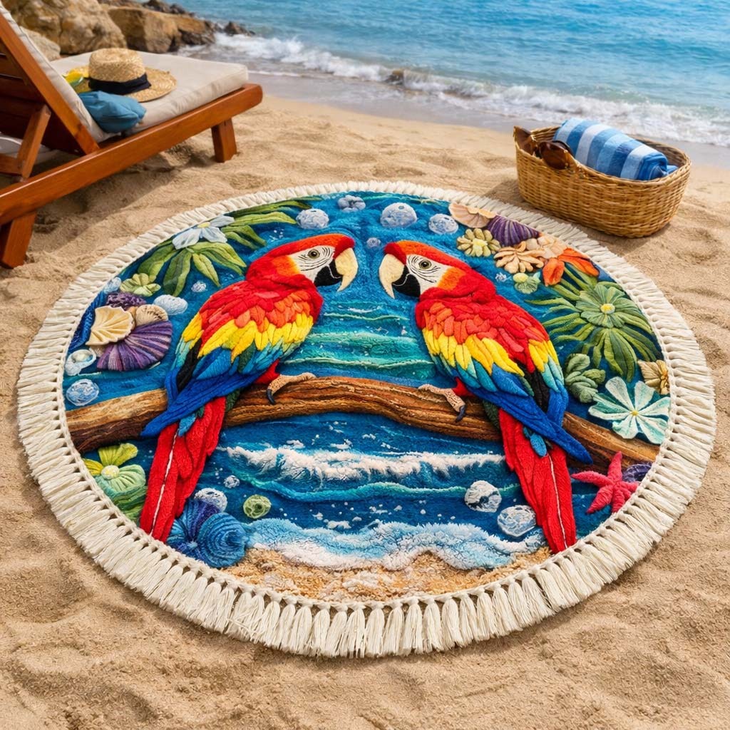🦜✨ Handcrafted Twin Parrots Round Beach Towel 