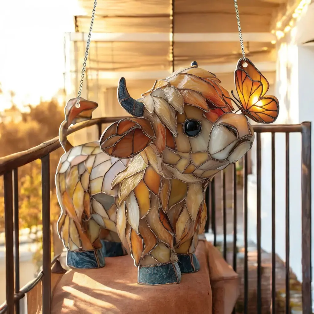 🦋 New & Limited | Handcrafted Highland Cow Suncatcher with Butterfly – Artisan Window Decor