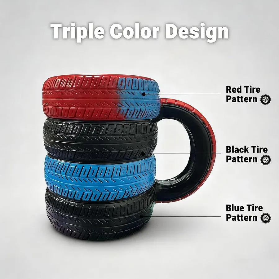 🏁 Triple Color Tire Coffee Mug – New Arrival | Limited Edition Fun Design