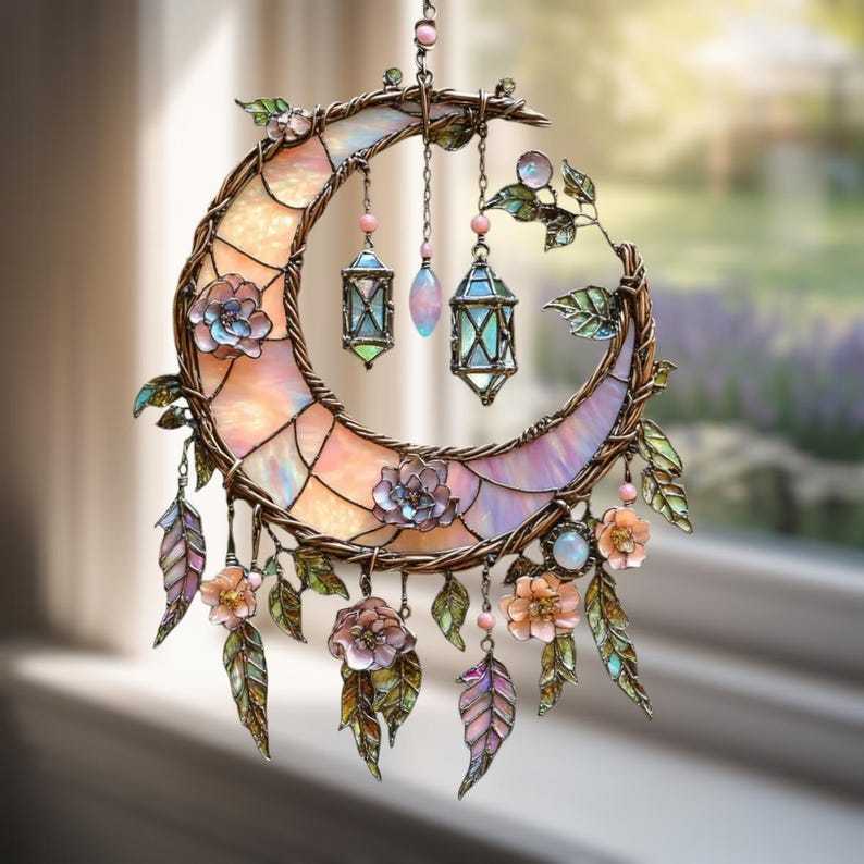 Hand-Painted Moon and Floral Window Decor💖