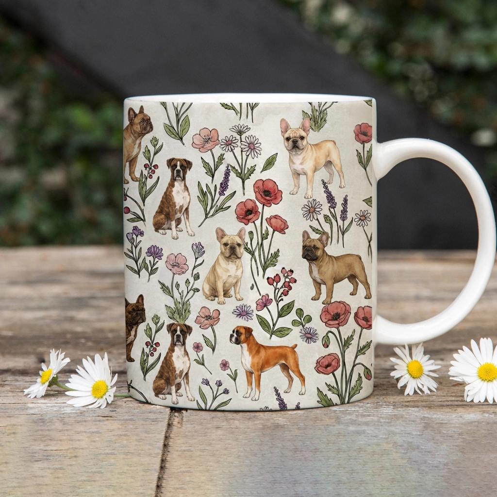 Handcrafted Frenchie & Boxer Floral Artisan Coffee Mug