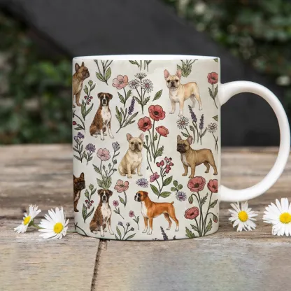 Handcrafted Frenchie & Boxer Floral Artisan Coffee Mug