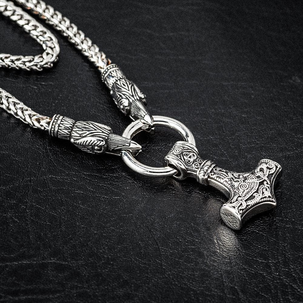 Stainless Steel Raven's Head Kings Chain With Mjolnir Pendant