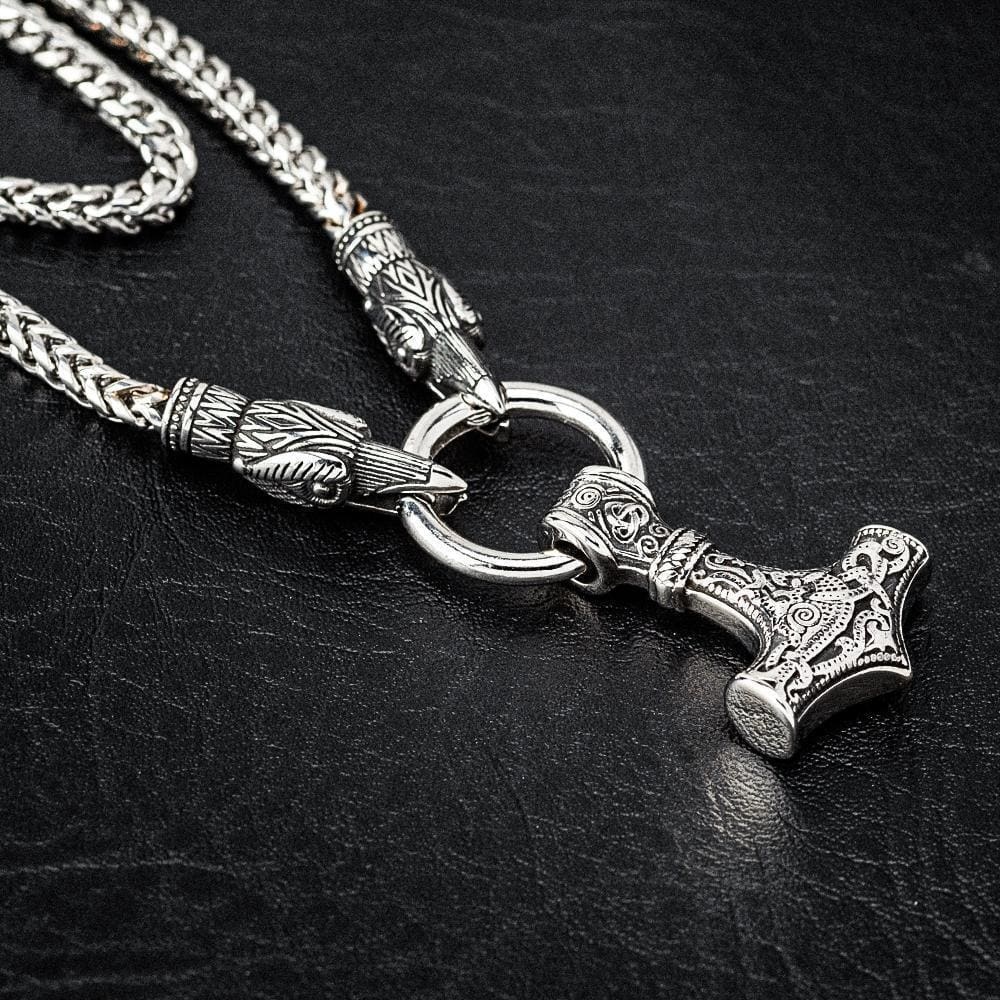 Stainless Steel Raven's Head Kings Chain With Mjolnir Pendant