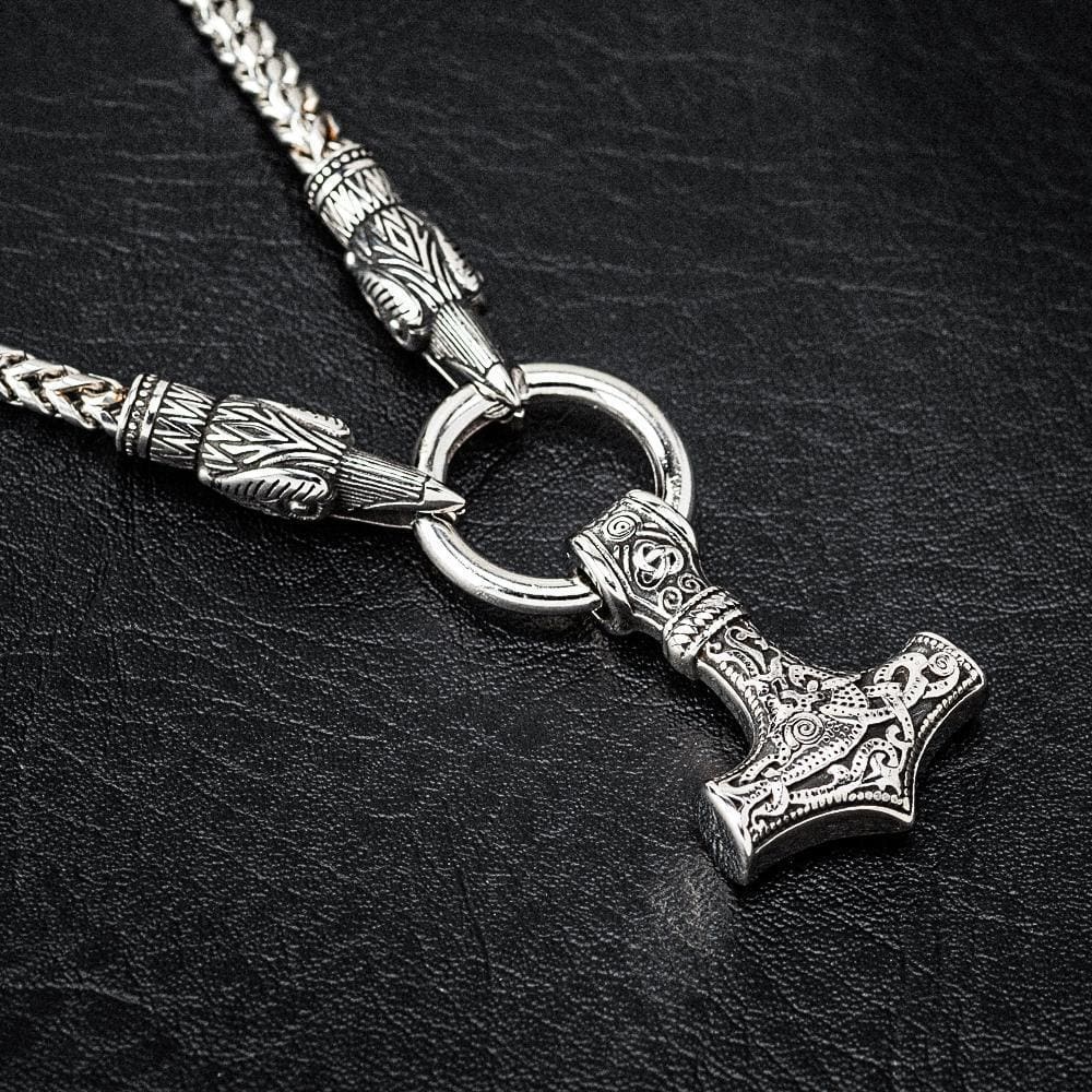 Stainless Steel Raven's Head Kings Chain With Mjolnir Pendant