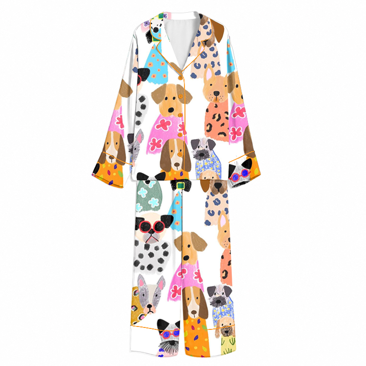 Colorful Dog Portrait Collage White Unisex Long Sleeve Silky Satin Pajama Set