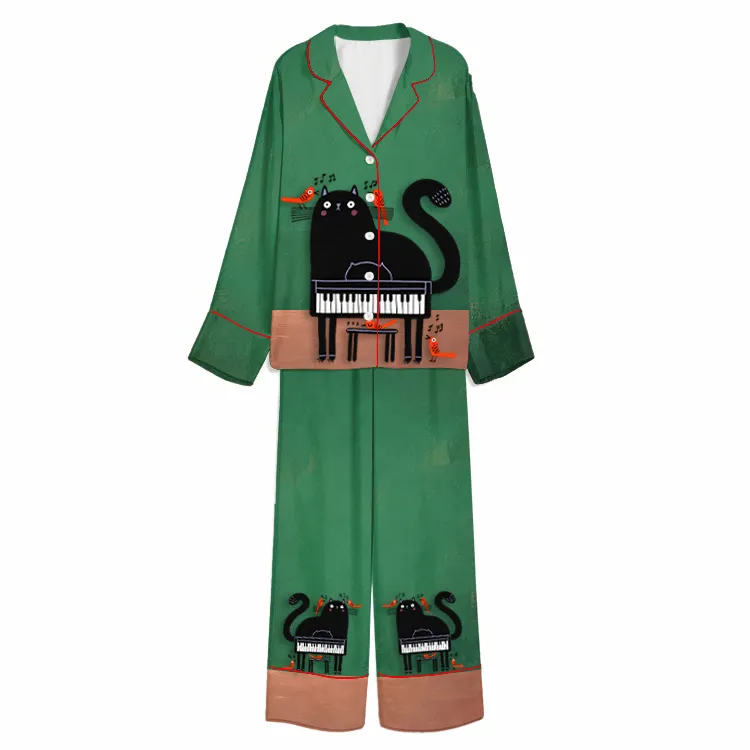 Piano Playing Black Cat Green Unisex Long Sleeve Silky Satin Pajama Set