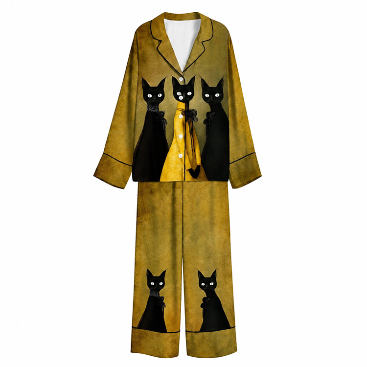 Gothic Black Cat Trio Gold Unisex Long Sleeve Silky Satin Pajama Set