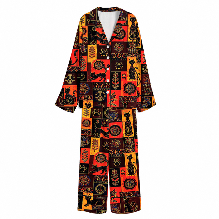 Bohemian Mosaic Black Cat Unisex Long Sleeve Silky Satin Pajama Set