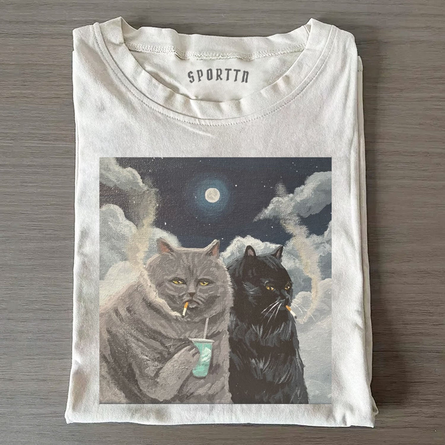 CATS SMOKING UNDER THE MOON T-SHIRT-LASPORTN