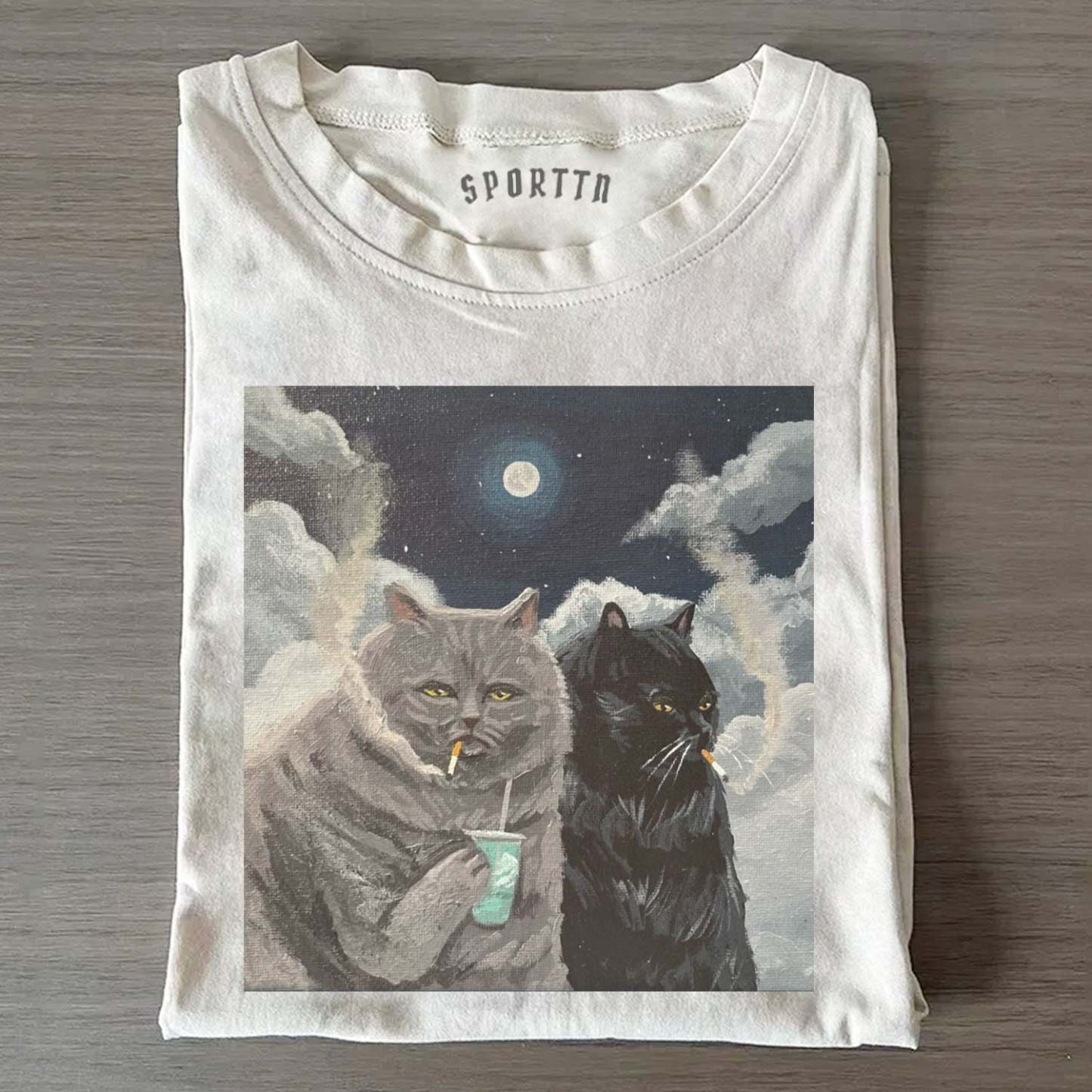 CATS SMOKING UNDER THE MOON T-SHIRT-LASPORTN