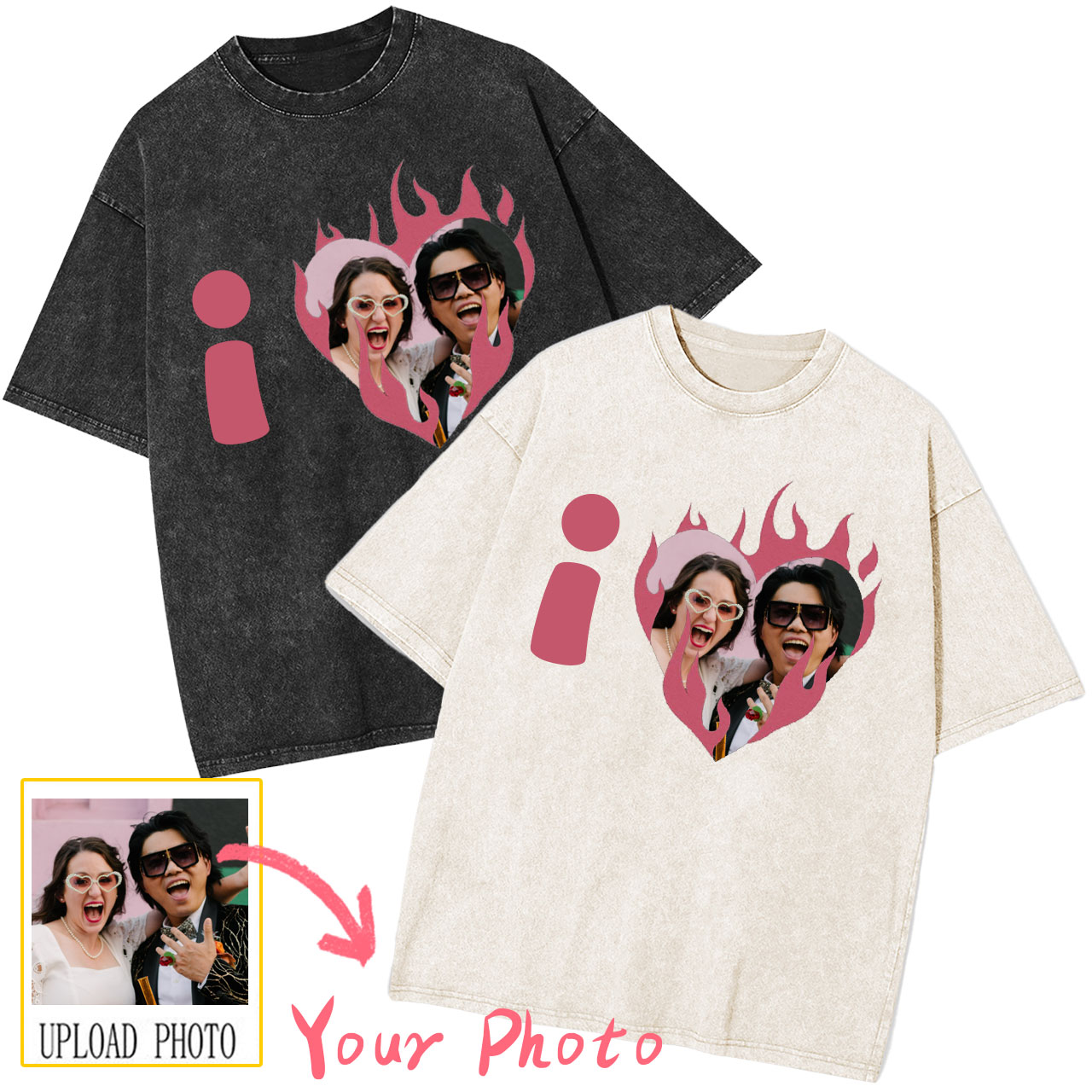 Flame Heart Couple Custom Washed T-Shirt