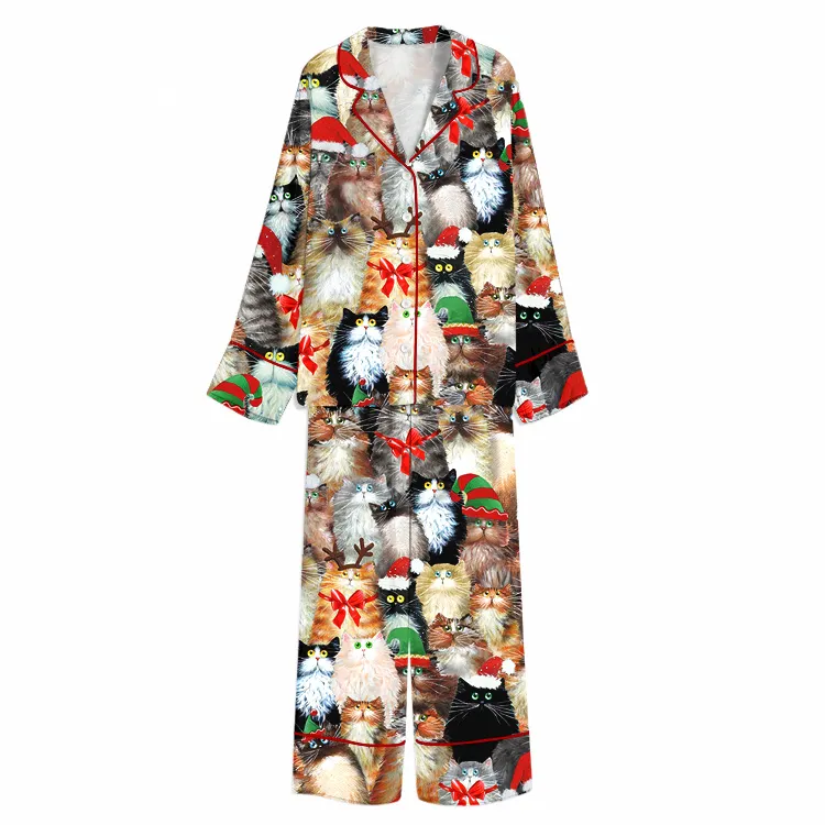 Festive Cat Crowd Christmas Unisex Long Sleeve Silky Satin Pajama Set